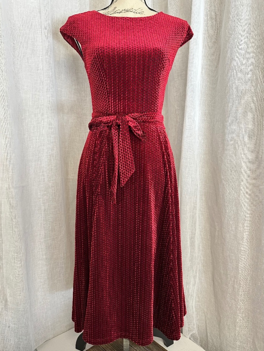 Red Velvet A-line Midi Dress with Short Cap Sleeves by Dresstells Small